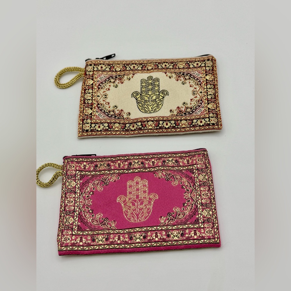 Hamsa Pair of Jewelry Pouches Pink and Cream Clutch Set
